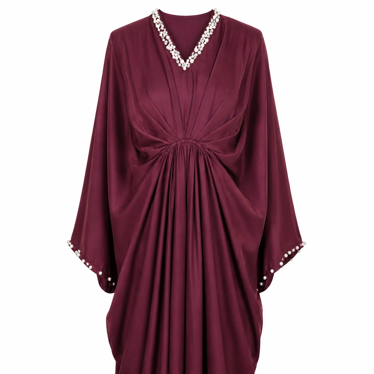 Plum Draped Long Kaftan with Crystal Neckline